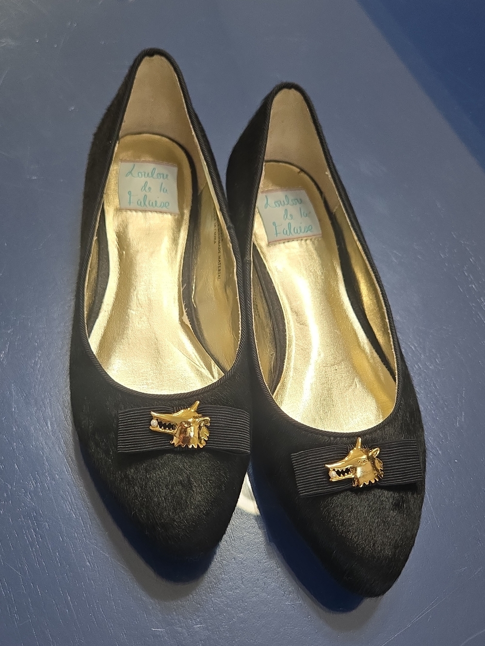 Loulou de la Falaise Vintage Black Pony Hair Gold Fox Bow Flats 7M